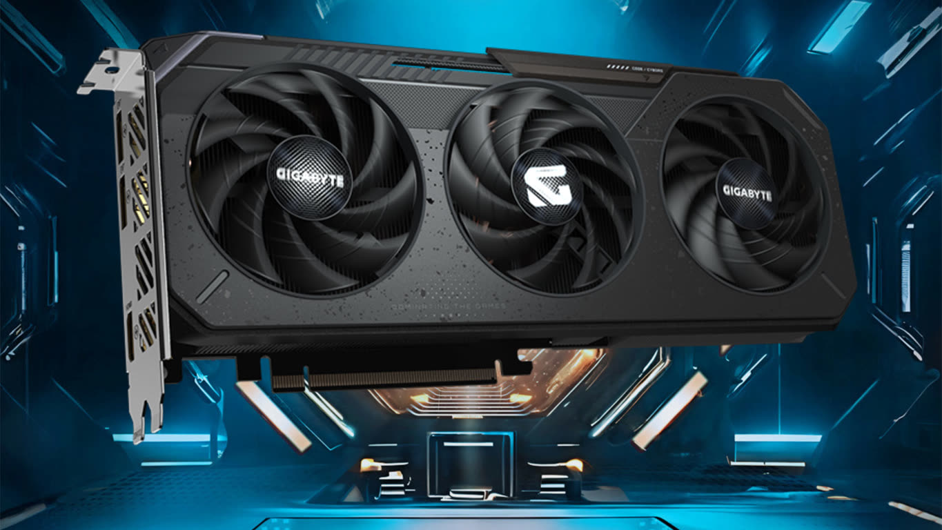 Triple-fan Gigabyte graphics card floating in a futuristic blue-lit environment, showcasing its cooling hardware and design in a sci-fi setting.