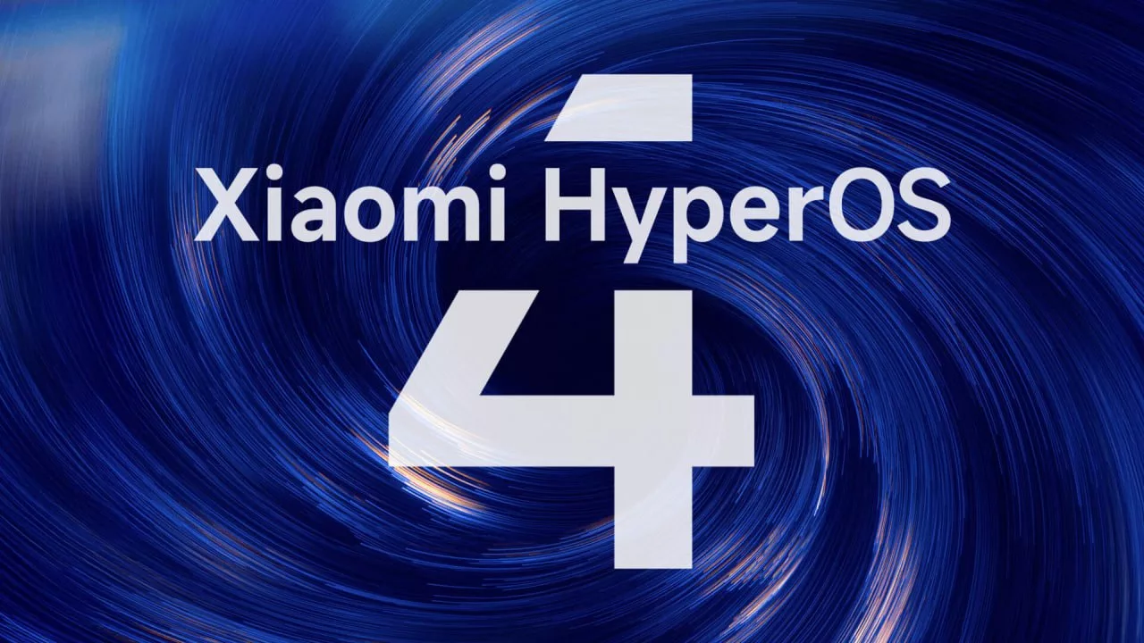 Xiaomi HyperOS 14 branding on a blue swirling background.