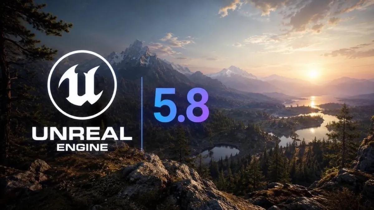 Unreal Engine Logo with the Text 58 over a Sunset Mountain Valley Scene