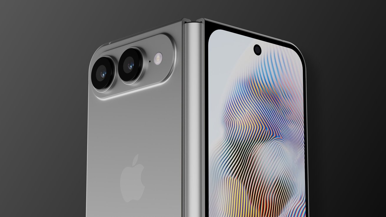 Silvery iPhone with dual rear cameras, glass back, and a centered front camera notch on a dark gradient background