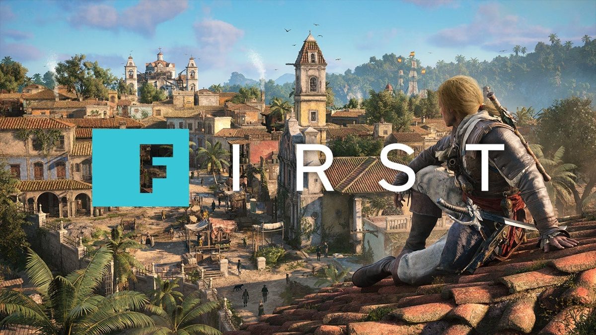 a Hooded Figure Sits on a Tiled Rooftop Overlooking a Sunlit Tropical Town with Church Towers