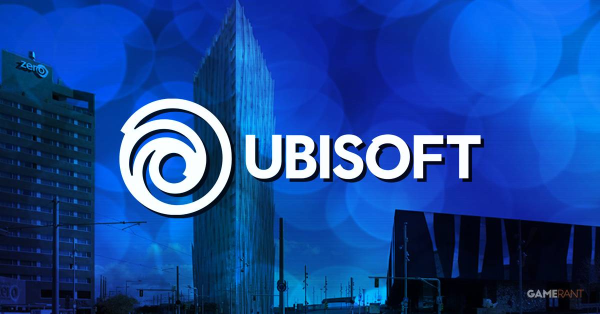 Ubisoft Logo over a Blue City Skyline with Bokeh Circles in the Background Gotham like Tall Buildings and a Watermark in the Corner