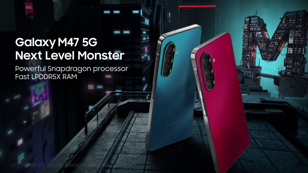Galaxy M47 5G ad showing two phones (blue and pink) on a rooftop with neon cityscape in the background and bold white text promoting the Next Level Monster.