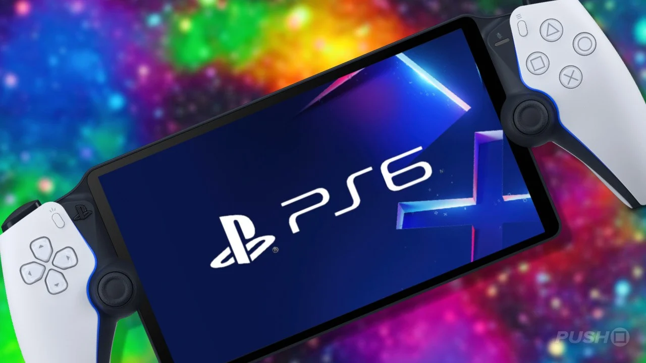 Portable Gaming Device Showing the Ps5 Branding on Its Screen with Two White Attached Controllers Set Against a Bright Colorful Background