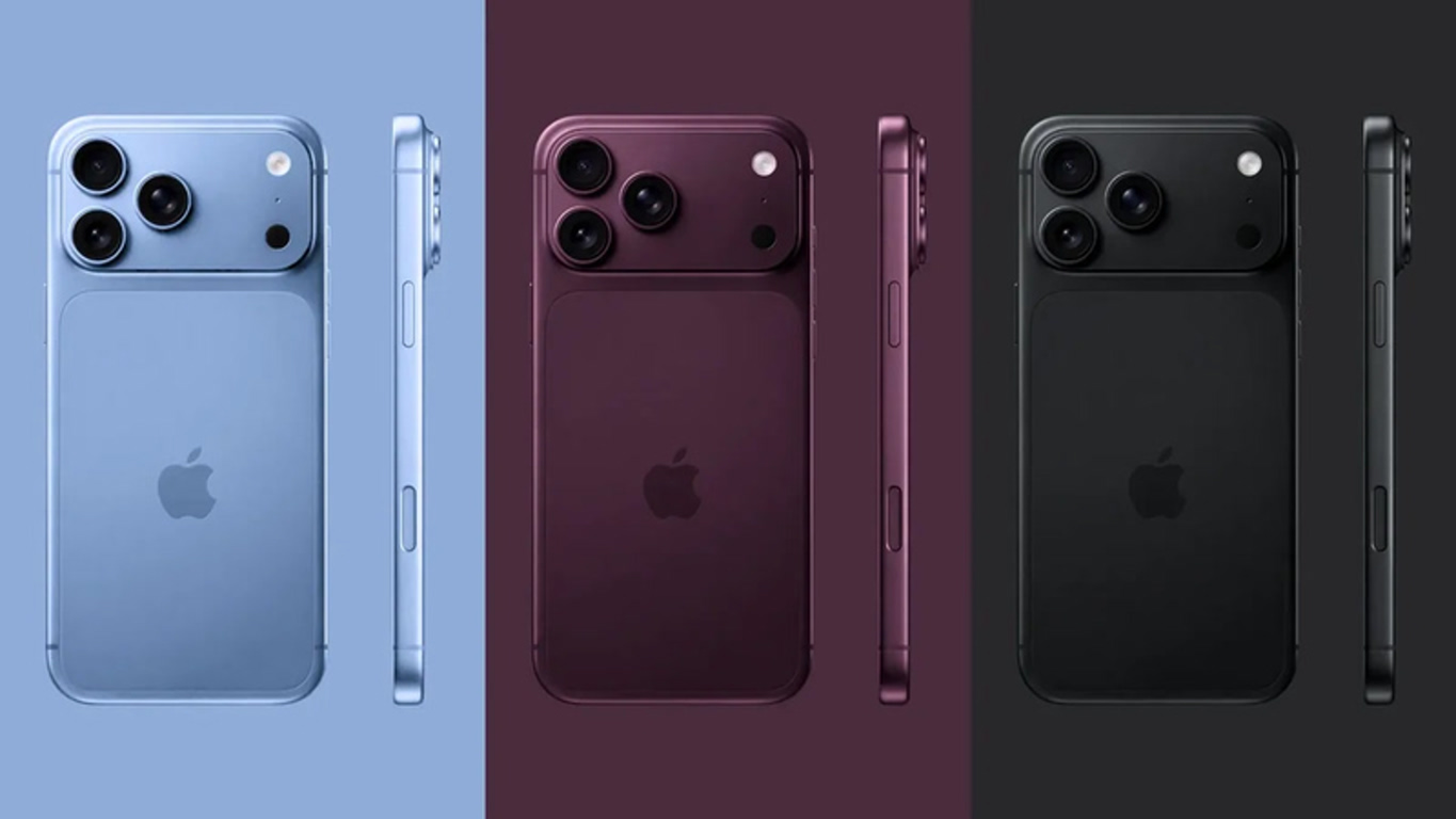 Three iPhones shown from the back in blue, purple, and black, with triple-camera modules and Apple logo visible on a color-blocked background, side-by-side.