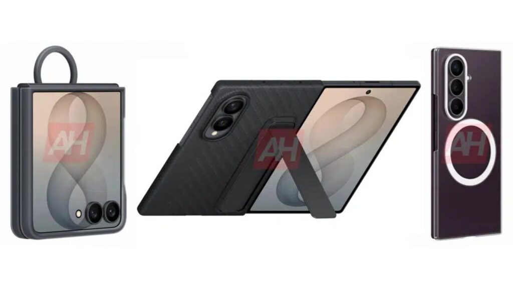 Three devices with protective cases: left is a rugged case with a circular ring, center a case with a built-in kickstand, right a purple phone with triple-camera module.