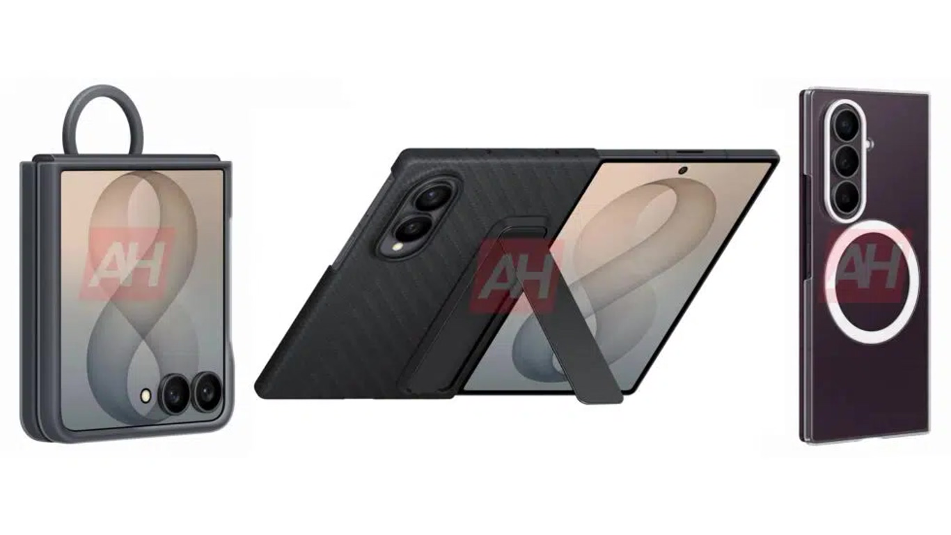Three devices with protective cases: left is a rugged case with a circular ring, center a case with a built-in kickstand, right a purple phone with triple-camera module.
