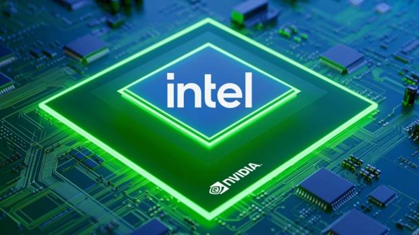 Intel logo centered on a glowing green processor chip atop a blue circuit board, with Nvidia branding visible on the chip edge.