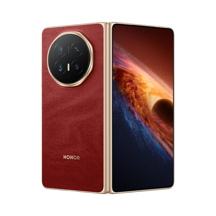 Honor smartphone with red leather back and circular camera module, shown in a two-part fold to reveal the front display.