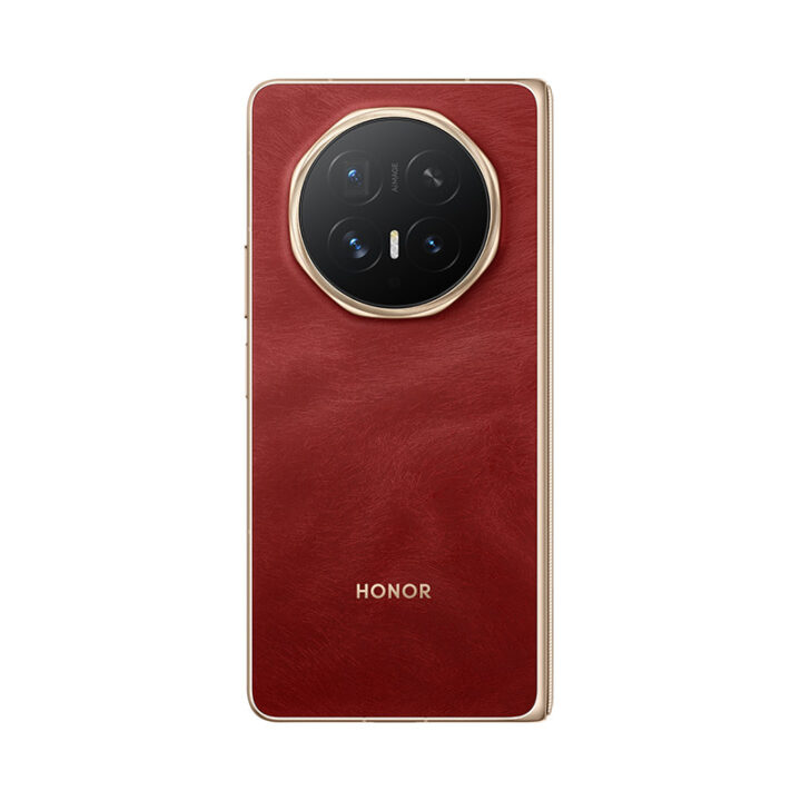 Red leather-backed smartphone with a large circular triple-camera module and gold trim, showing the HONOR logo on the back