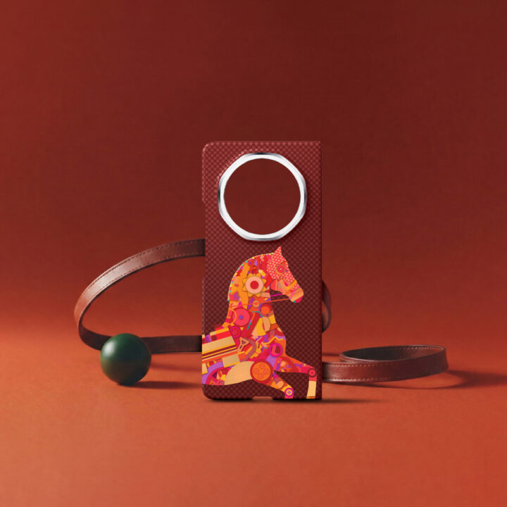 Red checkered rectangle with a large silver ring and a colorful mosaic horse at the bottom, set on an orange background.
