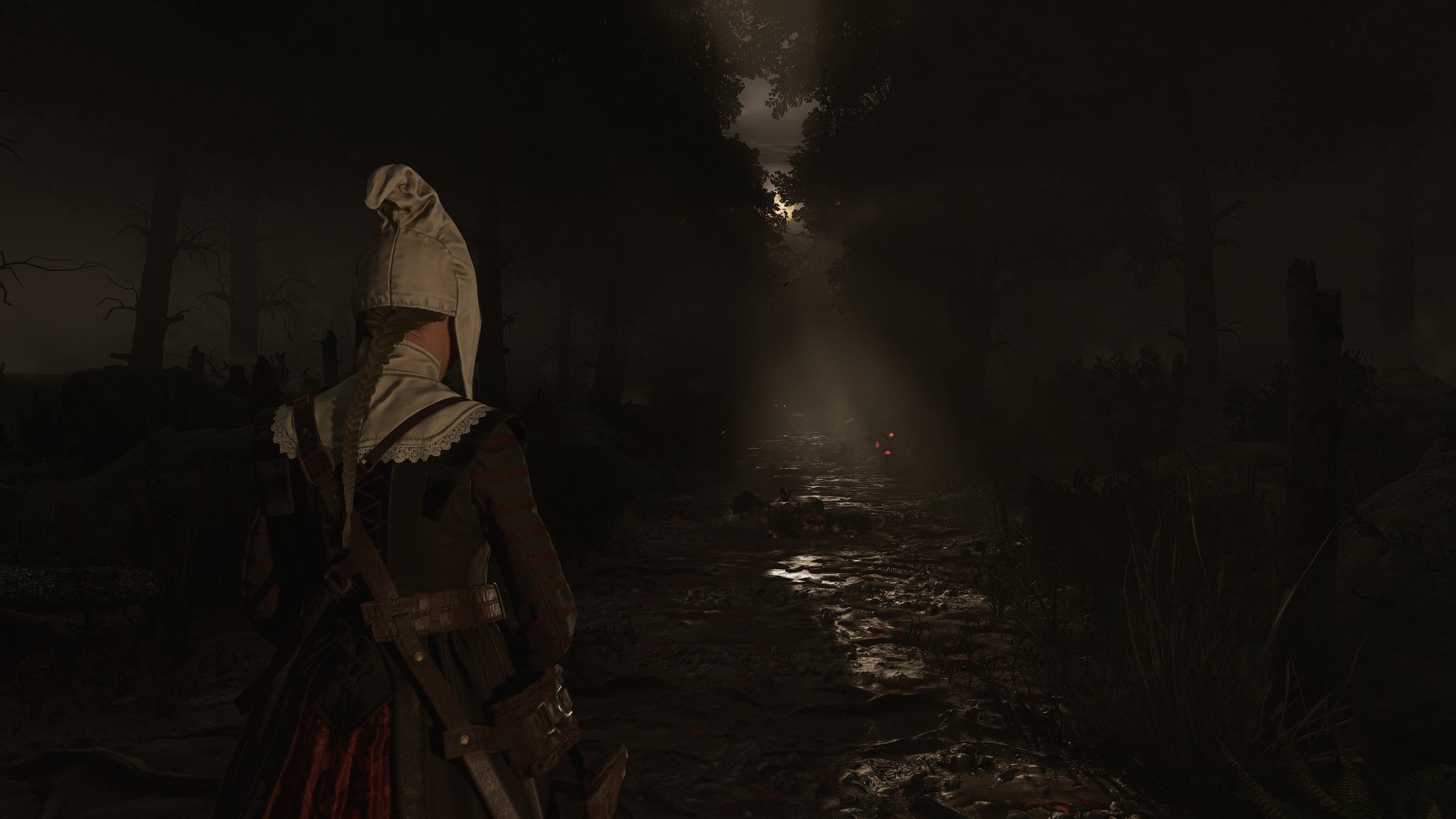 Back View of a Hooded Adventurer in a White Cloak Standing in a Dark Misty Forest