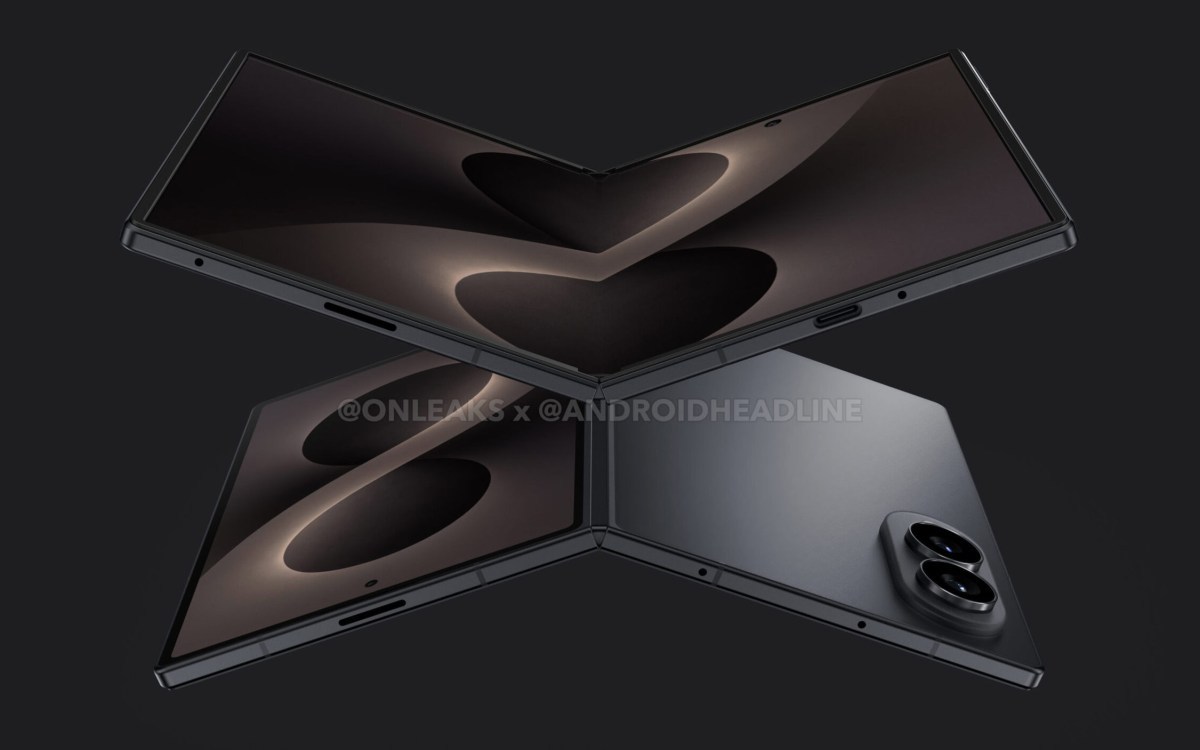 Three foldable phone panels arranged in a star shape, dark metallic finish and rounded edges against a dark background.