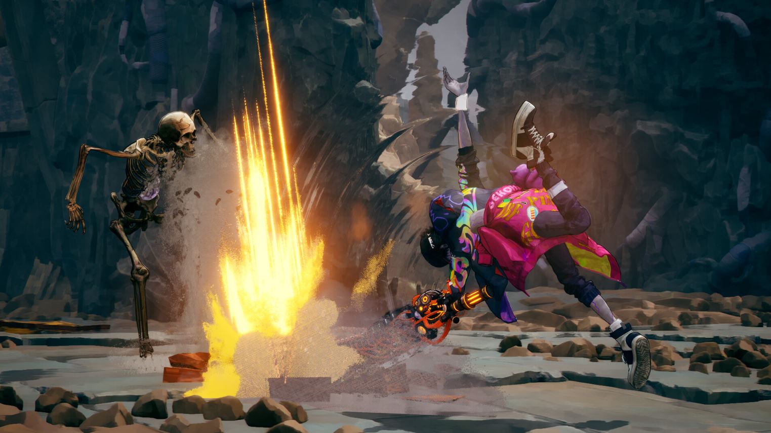Colorful Fighter in Neon Gear Jumping Mid air to Kick a Skeletal Foe As Fiery Energy Erupts from the Ground in a Rocky Arena