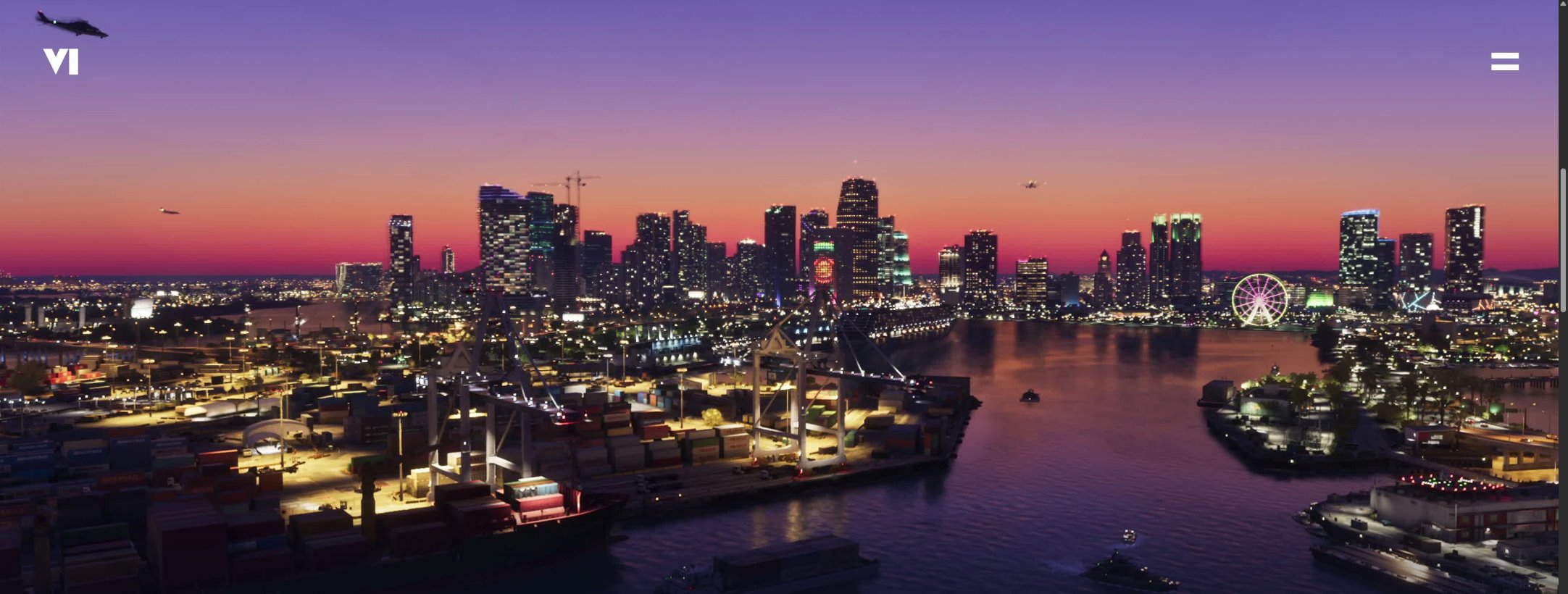 Evening City Skyline Along a Harbor with a Container Port and Ferris Wheel at Sunset
