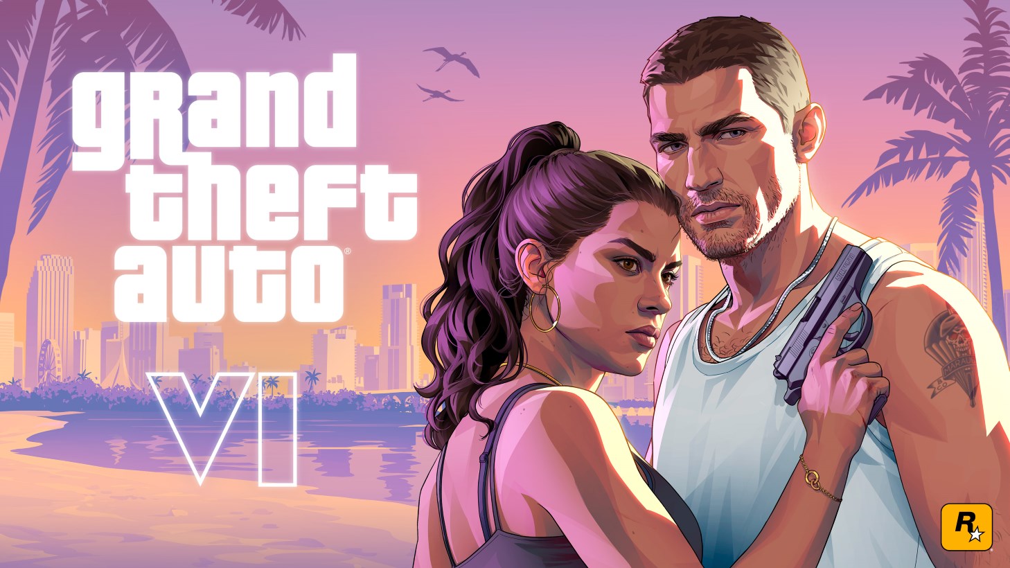 Promotional Art for Grand Theft Auto Vi Showing a Man and Woman Close Together Against a Sunset Skyline with Palm Trees and a Cityscape in the Background the Game Logo is Prominent on the Left