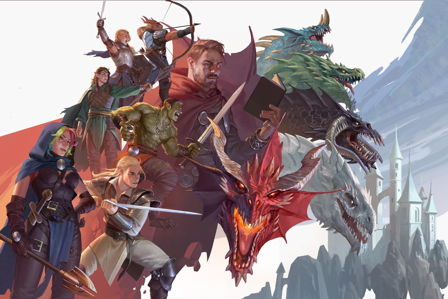 Group of Diverse Fantasy Heroes Armed with Swords and Magic Confront a Multi headed Dragon with a Castle in the Background