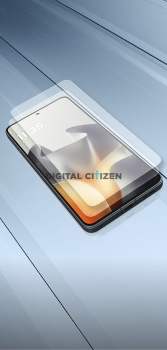 Smartphone resting on a glossy blue surface with translucent overlay panels and a faint 'DIGITAL CITIZEN' watermark across the screen.