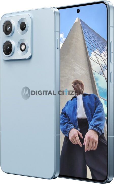 Blue smartphone shown from back and front, highlighting a quad-camera module and edge-to-edge display beside a man in a blue jacket near a glass building.