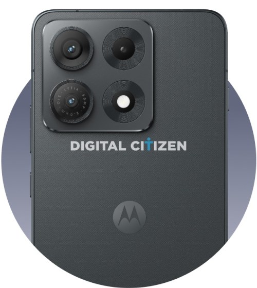 Back of a Motorola smartphone with a quad-camera module and a DIGITAL CITIZEN watermark text overlay