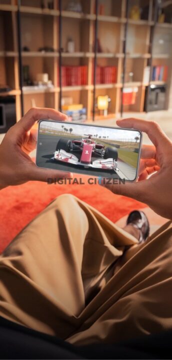 Person holds a smartphone horizontally, showing a Formula 1 racing game on the screen, with a living room and shelves in the background.