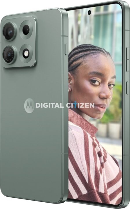Green smartphone shown from back and side, revealing a triple-camera module; screen displays a close-up of a smiling woman in a striped sweater.
