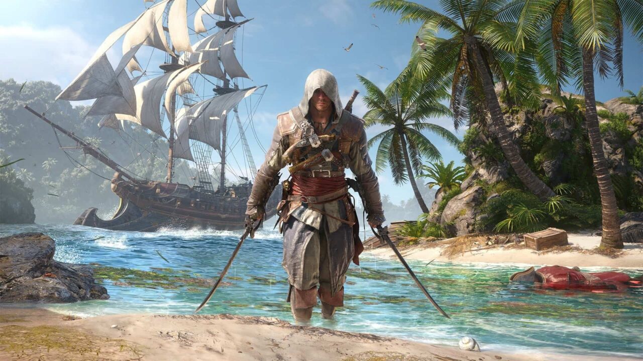 Hooded Warrior from a Video Game Stands Knee deep in Clear Water on a Tropical Beach with Palm Trees and a Wrecked Sailing Ship Nearby