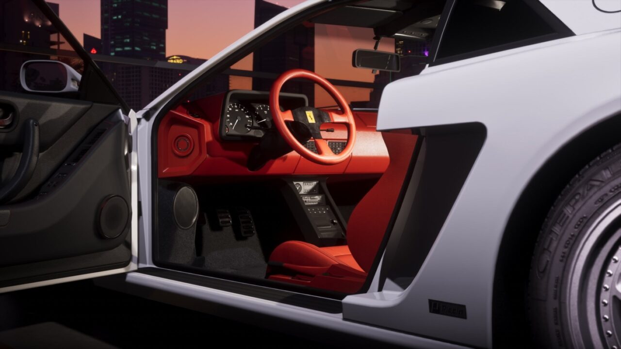 White Sports Car with Red Interior from the Open Driver's Side Door Dashboard and Steering Wheel Visible at Sunset City Backdrop