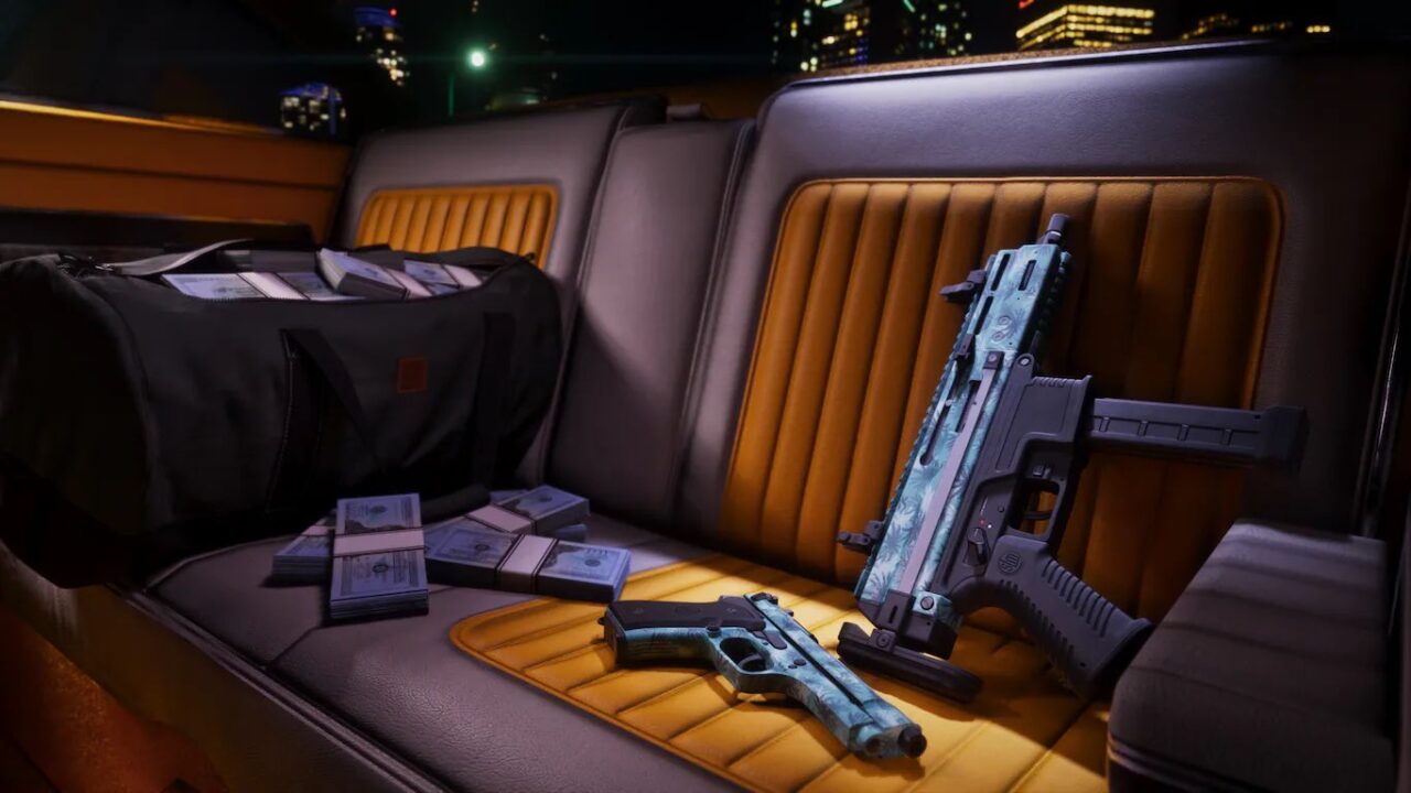 Back Seat of a Car at Night with Stacks of Cash a Duffel Bag and Two Pistols Resting on Orange Upholstery