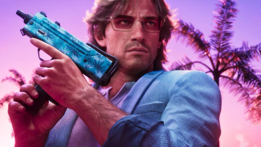 Man in a Blue Blazer Aims a Turquoise Palm patterned Rifle Against a Pink Sunset with Palm Trees in the Background Looking Focused
