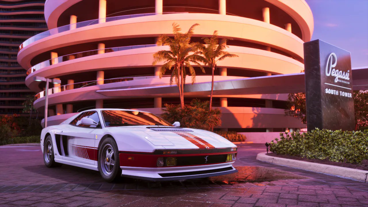 White Sports Car with a Red Racing Stripe Parked on a Curved Driveway in Front of a Circular Multi level Hotel at Sunset