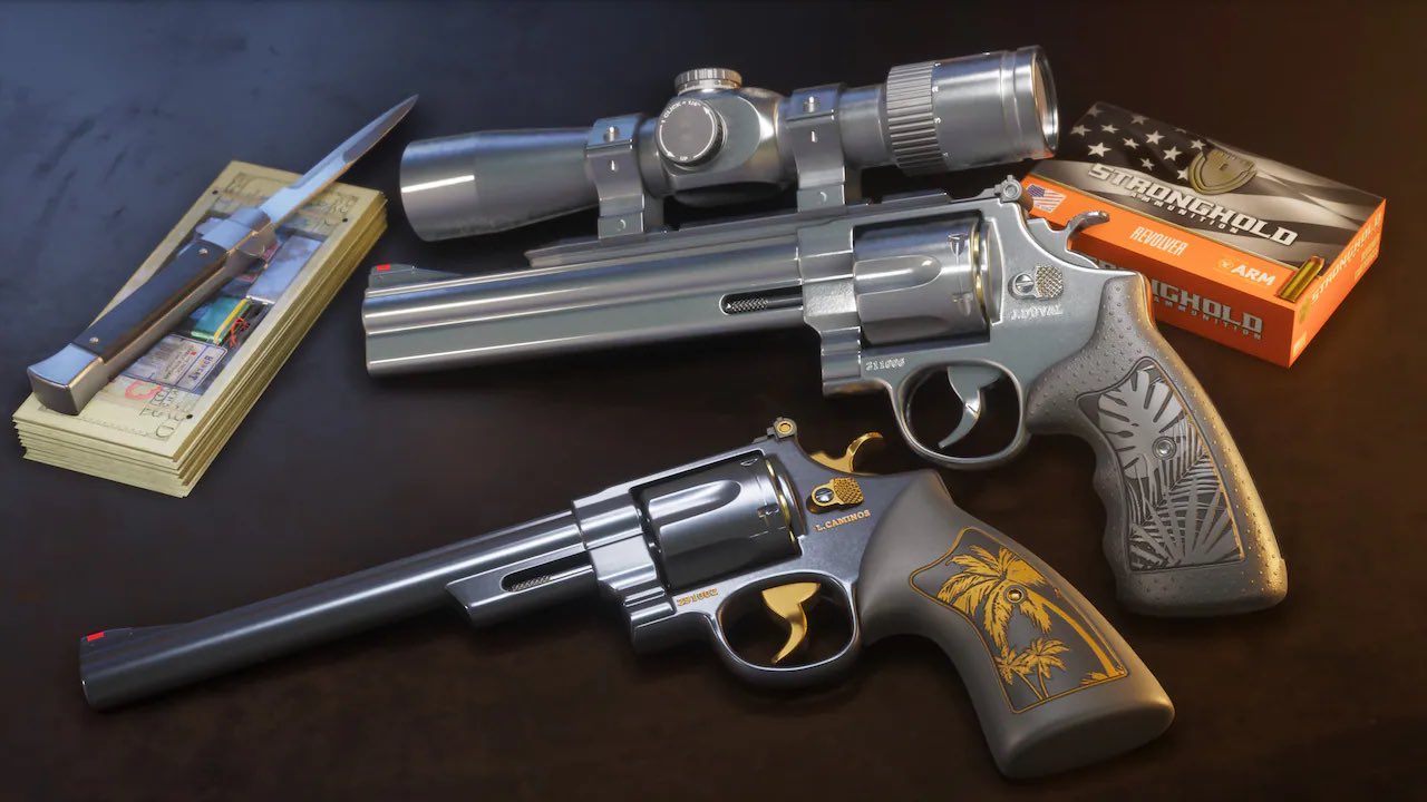 Two Revolvers with a Scope a Knife and Stacks of Cash on a Dark Surface gun related Still Life