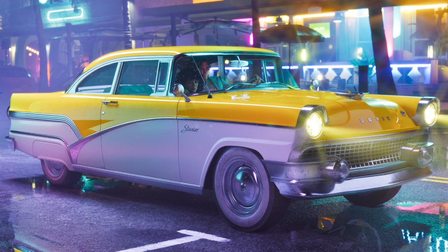 Two tone Yellow and White Vintage Car Parked on a Neon lit Rainy City Street at Night