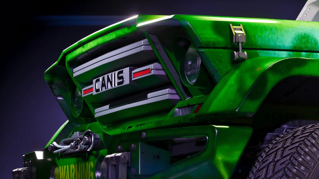 Close up of a Bright Green Sports Car Front with a Canis License Plate and Bold Angular Headlights Infers the Car Model Green Customized Vehicle with Prominent Front Grille and Exposed Machinery Canis Plate Visible a Vivid Green Muscle Car Front end at Night Showing a Canis License and Mechanical Details Front of a Neon green Car with a Canis Plate Chrome Accents and Automotive Components in View Industrial looking Green Car Close up Highlighting the Canis Plate and Exposed Engine Area Under Dramatic Lighting