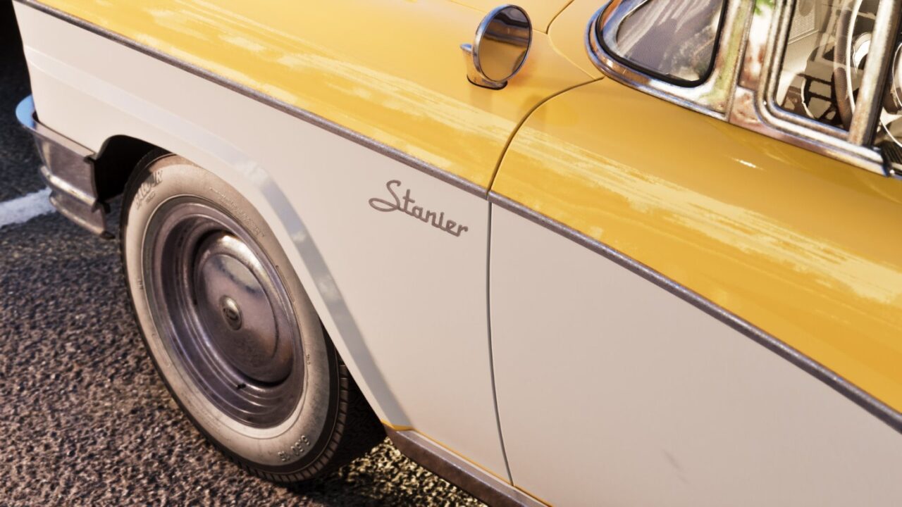 Close up of a Vintage Two tone Yellow and White Car Door with Chrome Trim and a 'starfire' Emblem Stay on the Side Panel