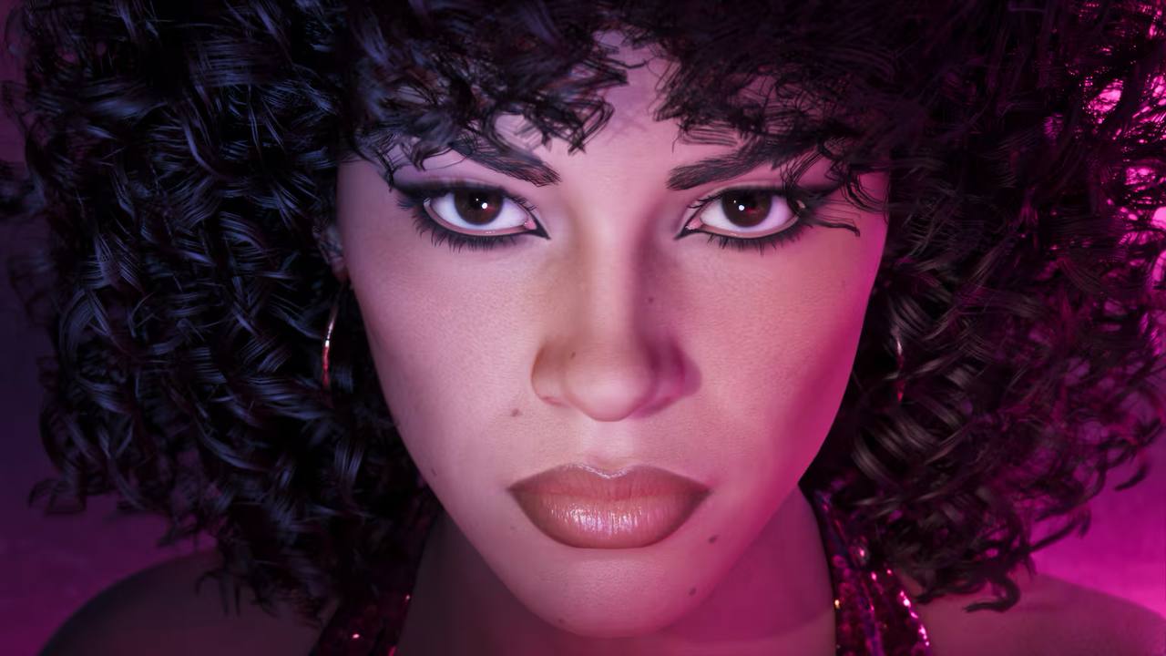 Close up Portrait of a Woman with Curly Hair Pink Lighting and Bold Makeup Looking Directly at the Camera