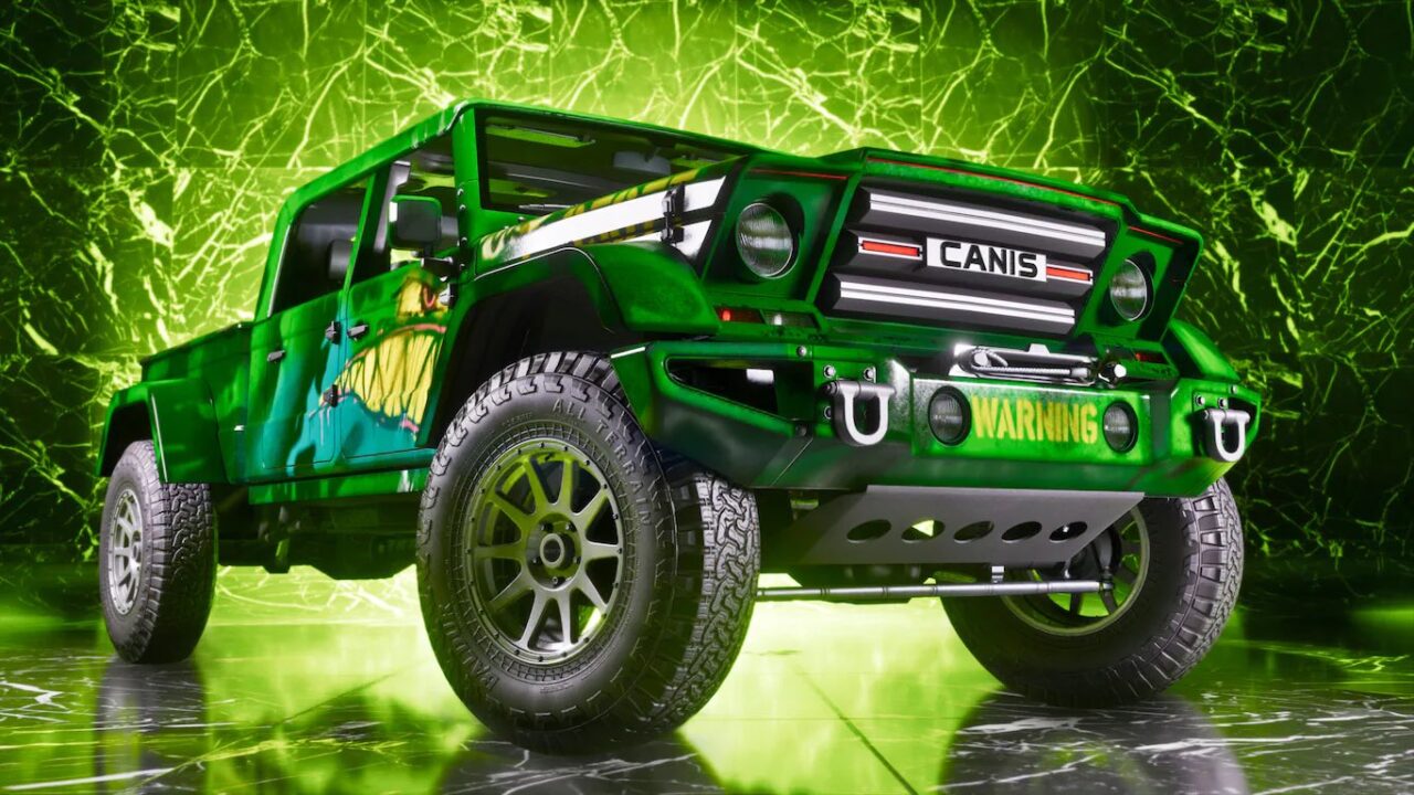 Front Three quarter View of a Lime green Off road Suv with Canis Badge and a Bright 'warning' Plate on the Bumper