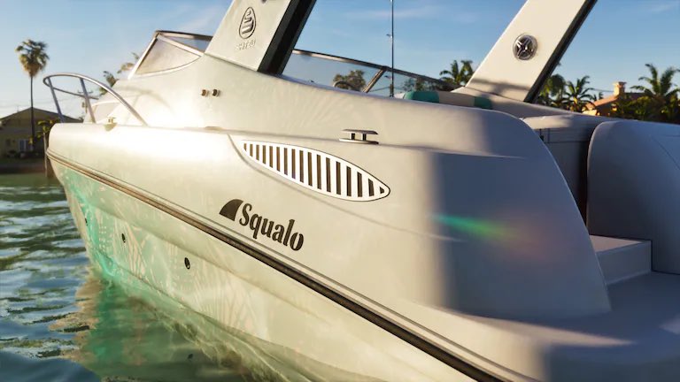 Side View of a Sleek White Speedboat with the Name 'squalo' on Its Hull Docked in Calm Water with Palm Trees in the Background