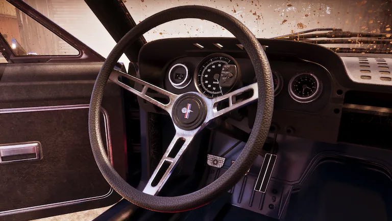 Close up of a Vintage Car Dashboard Viewed from the Driver's Seat Featuring a Three spoke Steering Wheel with a Mustang Emblem in the Center