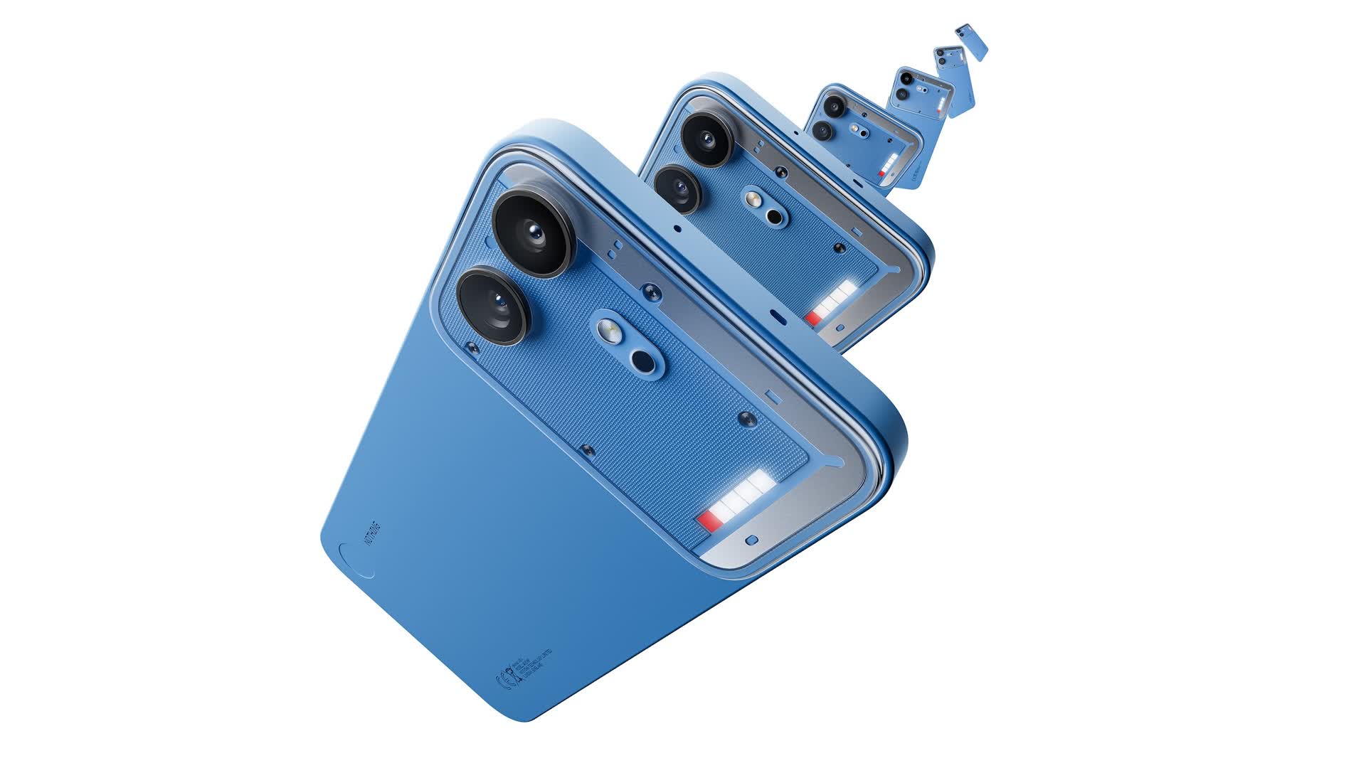 Three blue smartphones stacked diagonally, showing the back with large camera modules and textured surface.