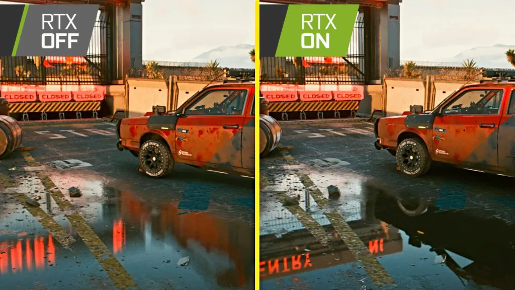 Side by side Comparison a Rusty Pickup in a Wet Parking Lot with Puddles Left Panel Shows Rtx Off Right Panel Rtx On