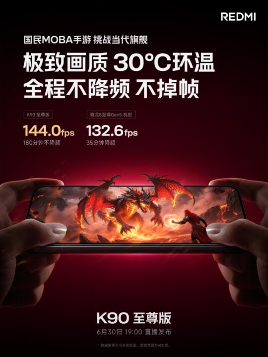 宣传图：两手持 Redmi 手机进行游戏，屏幕显示龙与英雄激战，背景红黑渐变，突出高画质游戏体验。