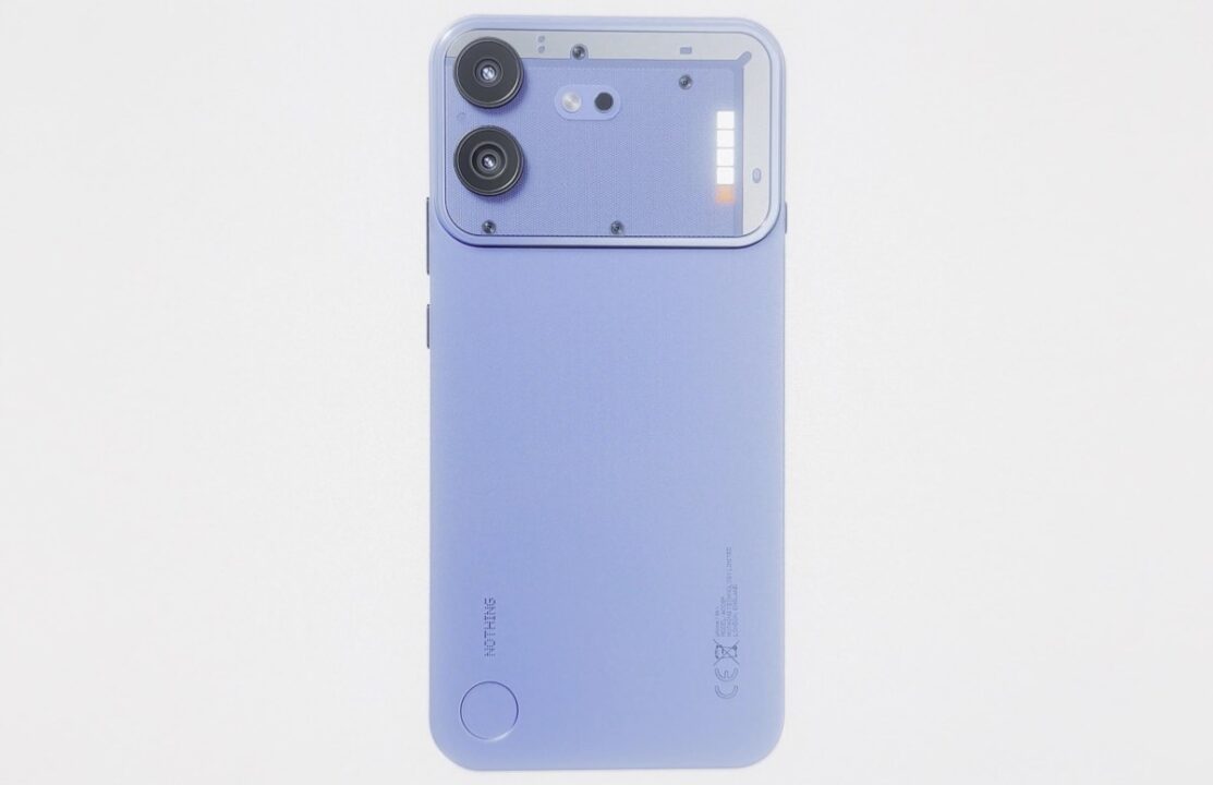 Purple smartphone seen from the back, showing a dual-camera module at the top and a circular home button area toward the bottom left.