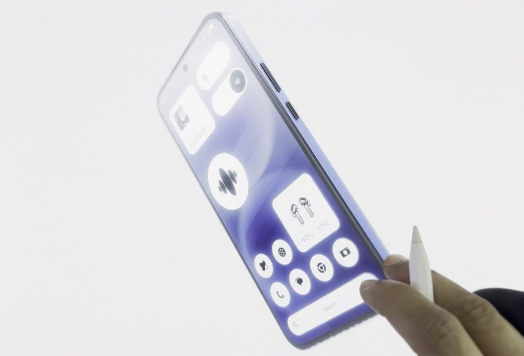 Hand holding a white stylus near a futuristic curved-display smartphone showing app icons on a bright screen.