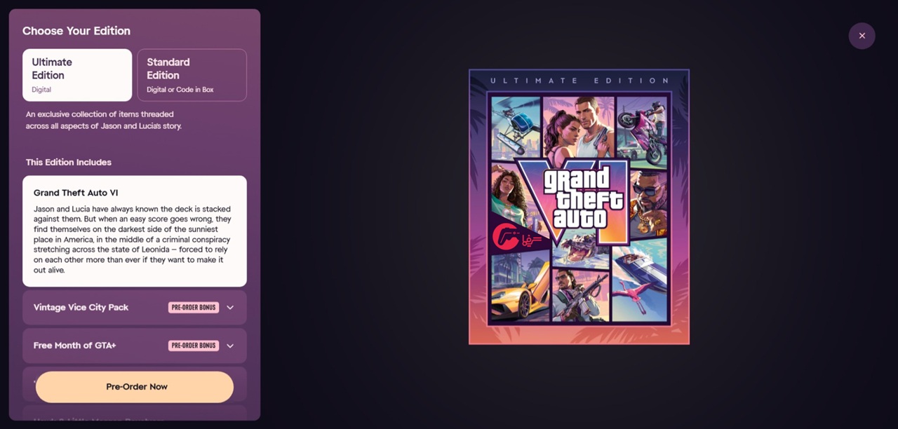 Gta Grand Theft Auto Ultimate Edition Cover Art Centered on a Dark Background with a Purple Edition choices Panel on the Left