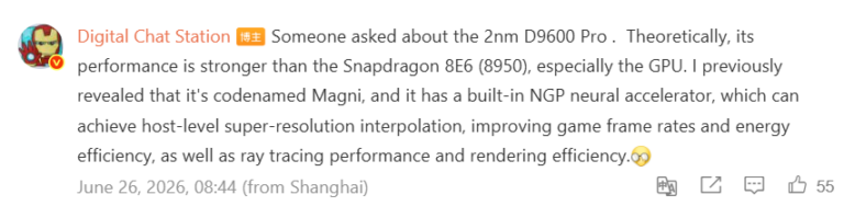 Post by Digital Chat Station about a rumored 2nm D9600 Pro and its GPU/NGP accelerator capabilities.