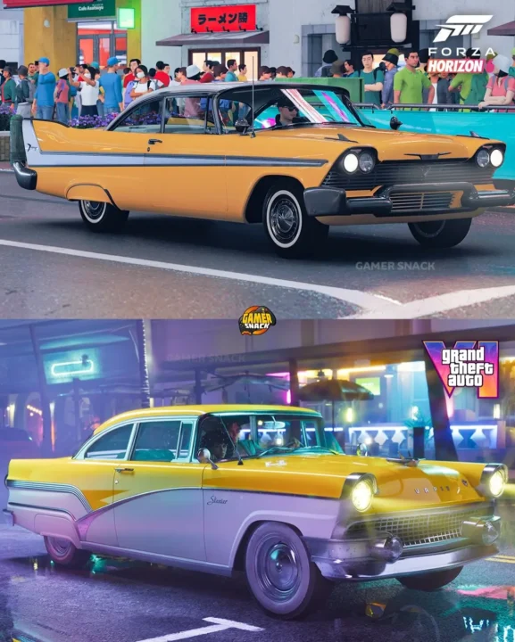 Two Vintage Yellow and cream 1950s Cars Driving Past Crowds in a Neon lit City Forza Horizon 6 Branding Visible in the Corner collage of Game Cars