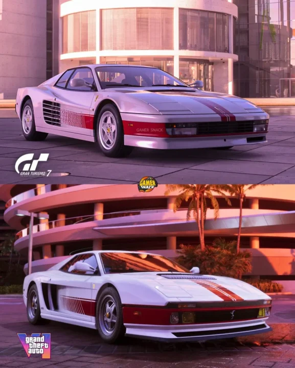 Two White Ferrari style Sports Cars with Red Racing Stripes Parked in a Modern Pink lit City Setting Gt Gran Turismo 7 and Gamers Snack Logos Visible on the Image