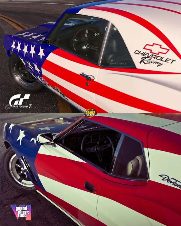 Two Classic American Muscle Cars with Red White and Blue Stars and stripes Livery Parked on a Race Track Decals and Logos Are Visible on the Sides and Windows