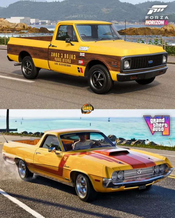Two Vintage Yellow Pickup Trucks Parked Along a Coastal Road Top Truck Has Forza Horizon 6 Branding Bottom Shows a Yellow Muscle Car Near the Water with Grand Theft Auto V Logo in Corner